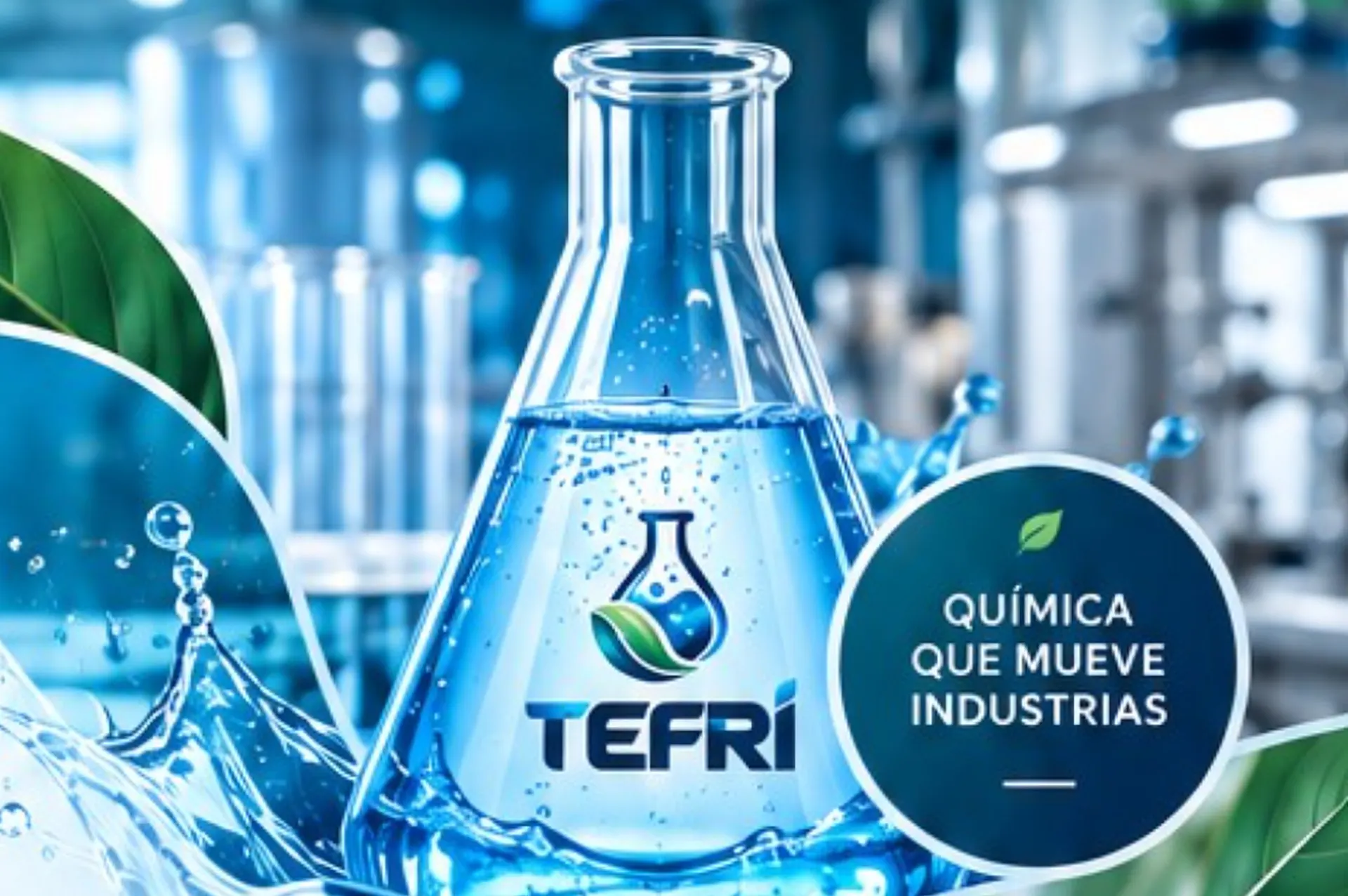 Matraz TEFRI con agua y hojas verdes en planta industrial